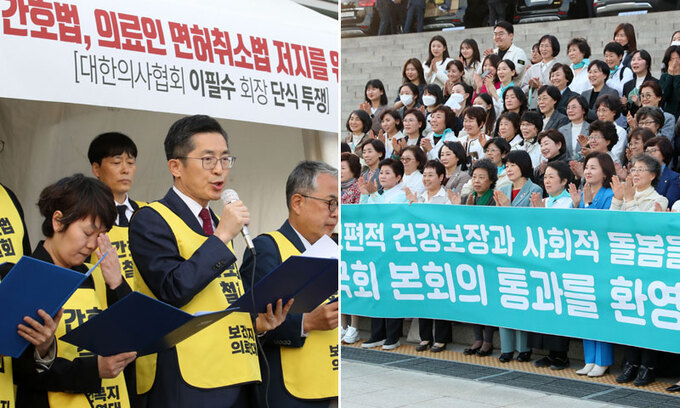 “규탄” vs “환영” 국회에서 간호법이 통과된 27일 이필수 대한의사협회 회장(왼쪽 사진 앞줄 왼쪽 세 번째) 등 보건복지의료연대 대표자들이 서울 용산구 대한의사협회 회관 앞에서 간호법 통과 규탄문을 낭독하고 있다. 오른쪽은 대한간호협회 회원들이 이날 서울 여의도 국회 본청 앞에서 간호법 통과를 환영하며 기념촬영을 하는 모습. (사진:SNS)
