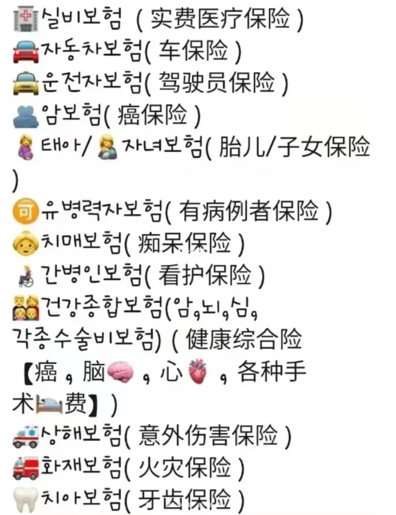 한국의 보험 유형별 한국어와 중국어로 안내한 게시글이 중국 SNS에 떠돌고 있다./사진=샤오홍슈 캡처.