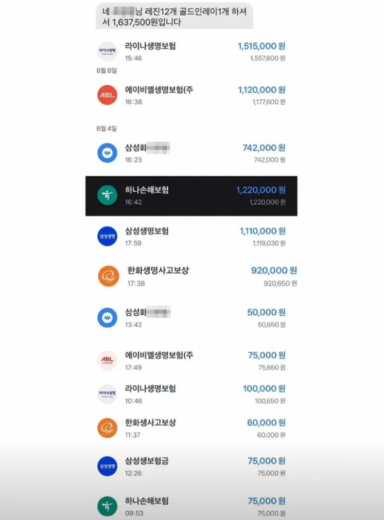한국 치과에서 레진 12개, 골드인레이 1개를 치료받고 167만7500원을 냈다는 중국인이 SNS에 올린 인증샷. 그는 국내 6개 보험사의 치아보험에 가입해 600만원 가까이 보험금을 수령했다고 자랑했다. /사진=샤오홍슈 캡처