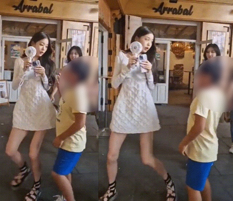 장원영이 갑작스러운 아이의 접근에 놀라는 모습. 온라인 커뮤니티 캡처