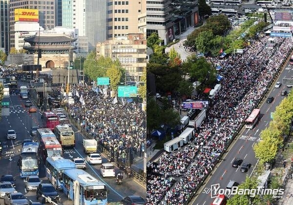 연합뉴스/ ‘김건희·윤석열 국정농단 규탄, 특검 촉구 국민 행동의 날’ 집회(왼쪽) 모습과 애국운동 세력(오른쪽)